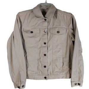 Duluth Trading Jean Jacket Women Small Khaki Field Pockets Button Cotton Trucker